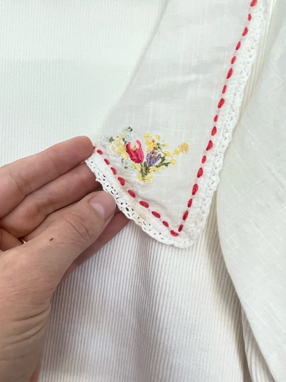 Anthropologie White V-Neck Puff Sleeve Top with Embroidered Collar